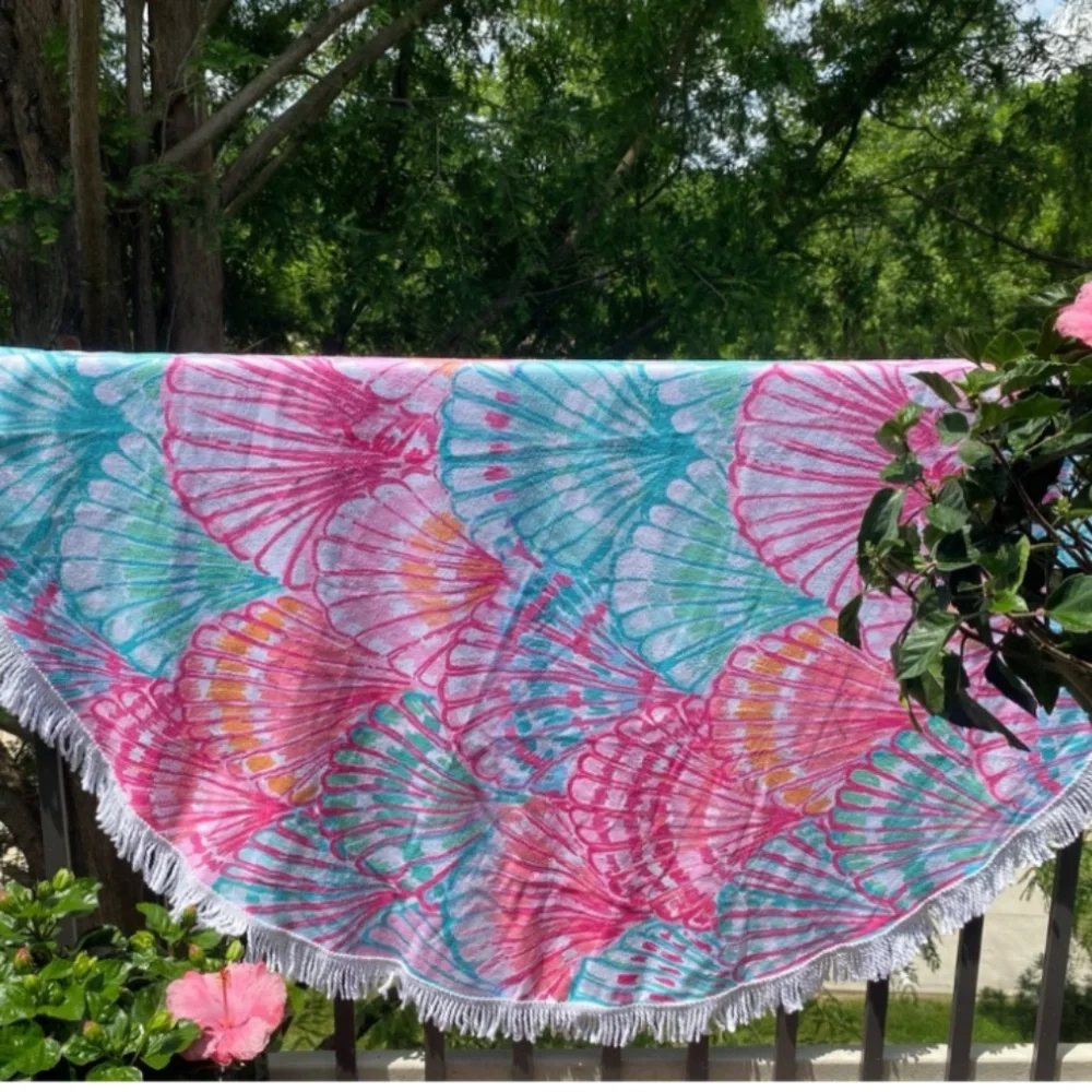 Large Round Pastel Preppy Seashell Beach Towel Blanket